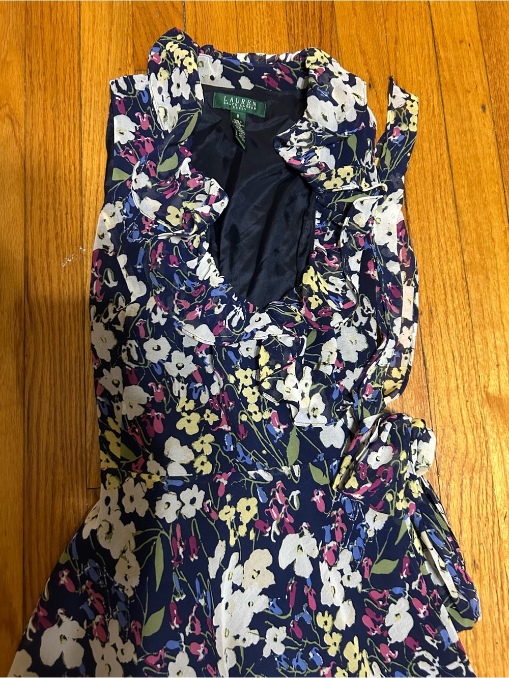Ralph Lauren Navy Chiffon Floral Wrap Dress Women's 8 - Picture 3 of 8